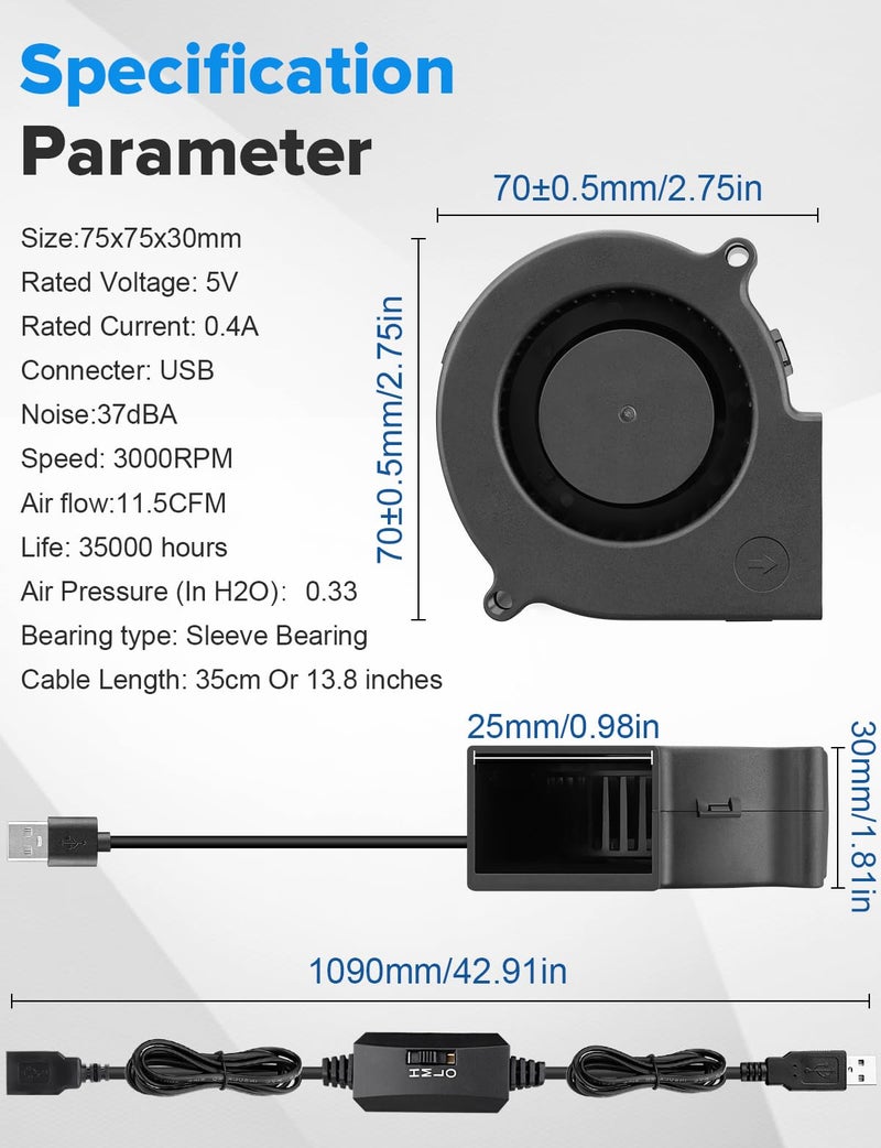Wathai 75mm x 30mm USB Blower Fan Turbine Centrifugal 5V for DIY Computer Case, Home Theater Receiver, 3D Printers, Electronics Cabinet Cooling - Image 2